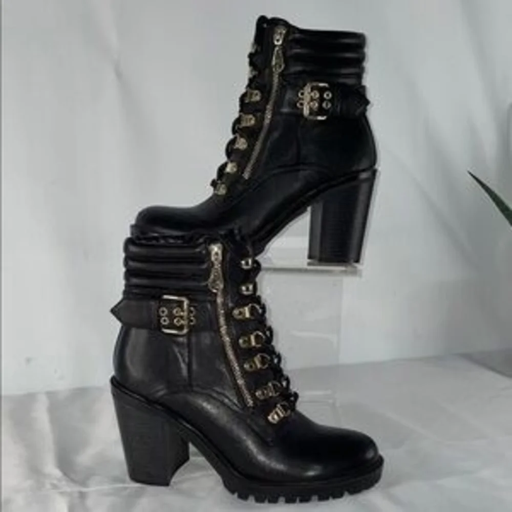 Black Heeled Combat Boots – Gold Hardware - Picture 1 of 5